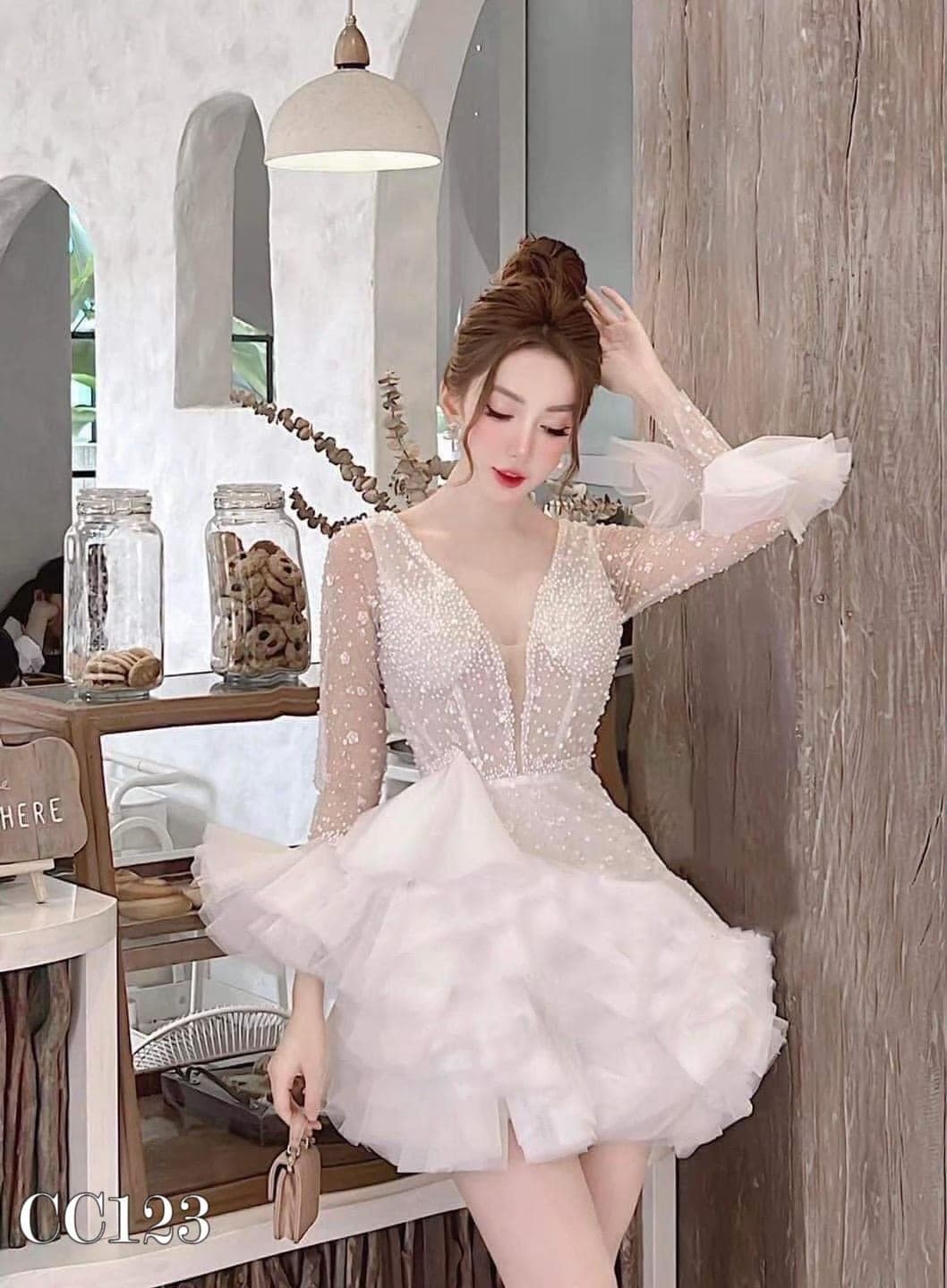 ชุดเดรส แต่งมุก แขนยาว สีขาว 2078 Size XXL BKK รูปที่ 3