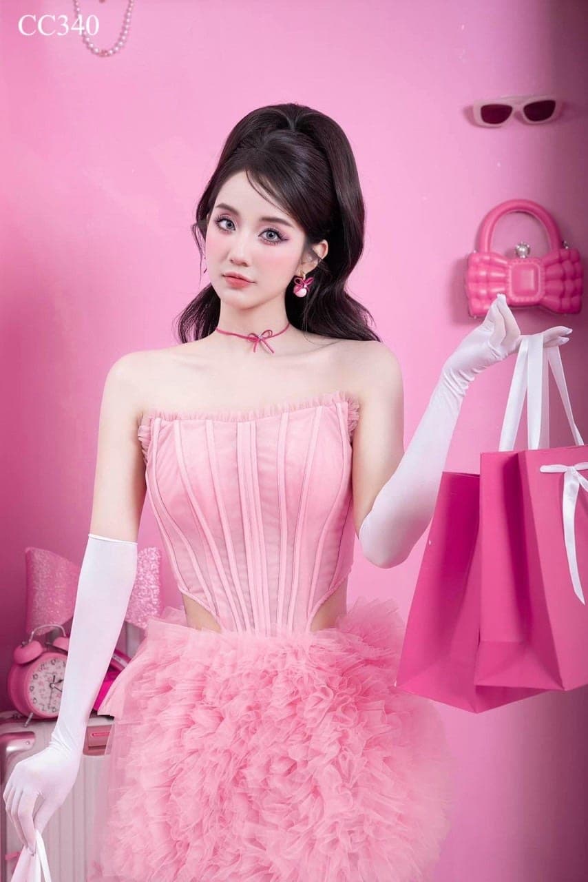 ชุดเซ็ท 3 ชิ้น เสื้อ+กระโปรง+ผ้าคลุม สีชมพู 4005 Size S BKK รูปที่ 3