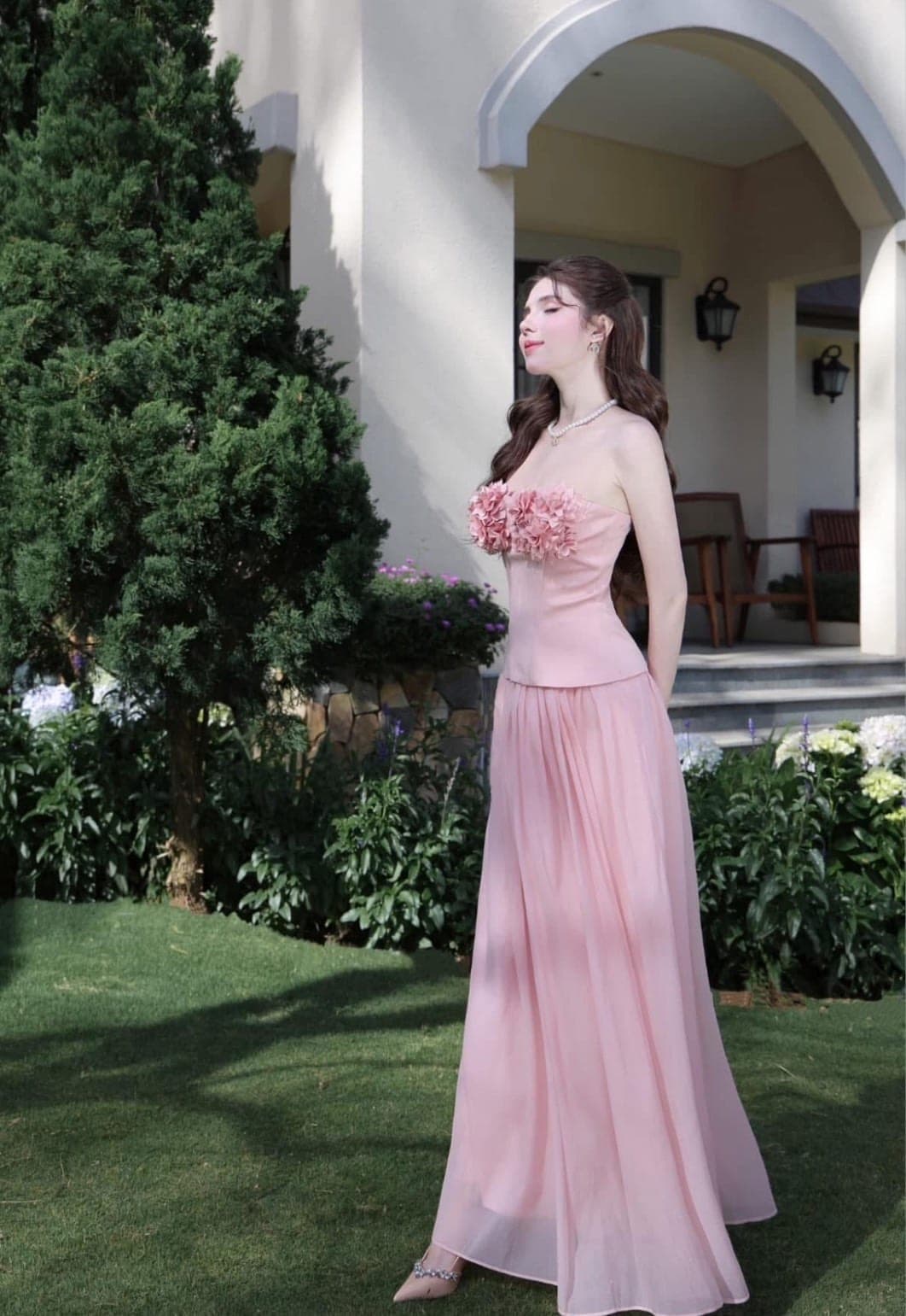 ชุดเซ็ท เกาะอก แต่งดอก BRAND TRANALI สีชมพู 4018 Size BKK รูปที่ 4
