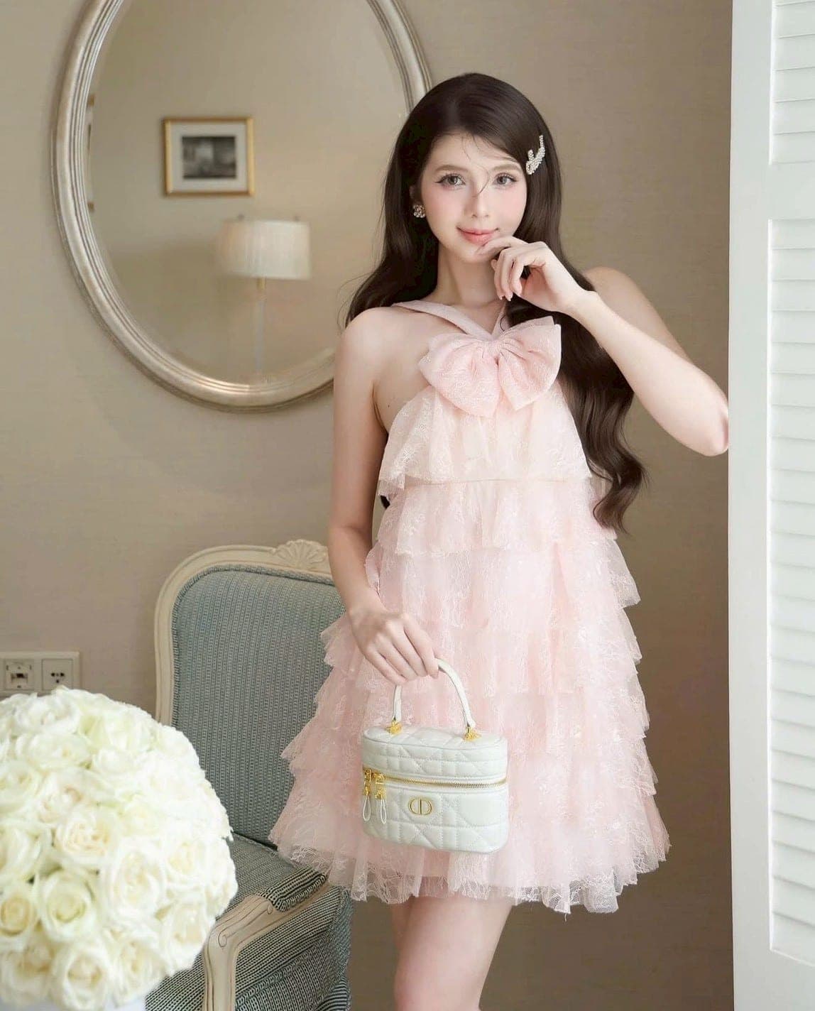 ชุดเดรส แต่งโบว์ สีชมพู TRANALI 2208 SIZE S-M BKK รูปที่ 1