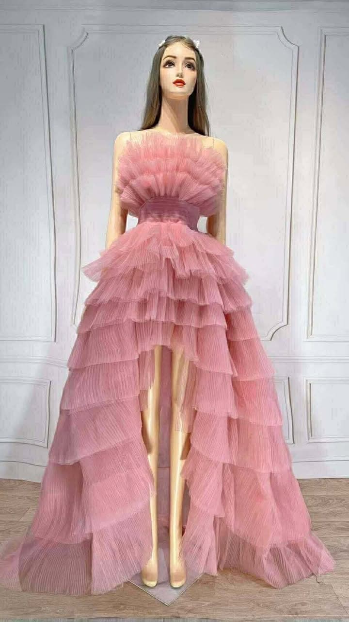 ชุดราตรียาว เกาะอก หางยาว ฟูฟ่อง สีชมพู 3026 Size M BKK รูปที่ 5