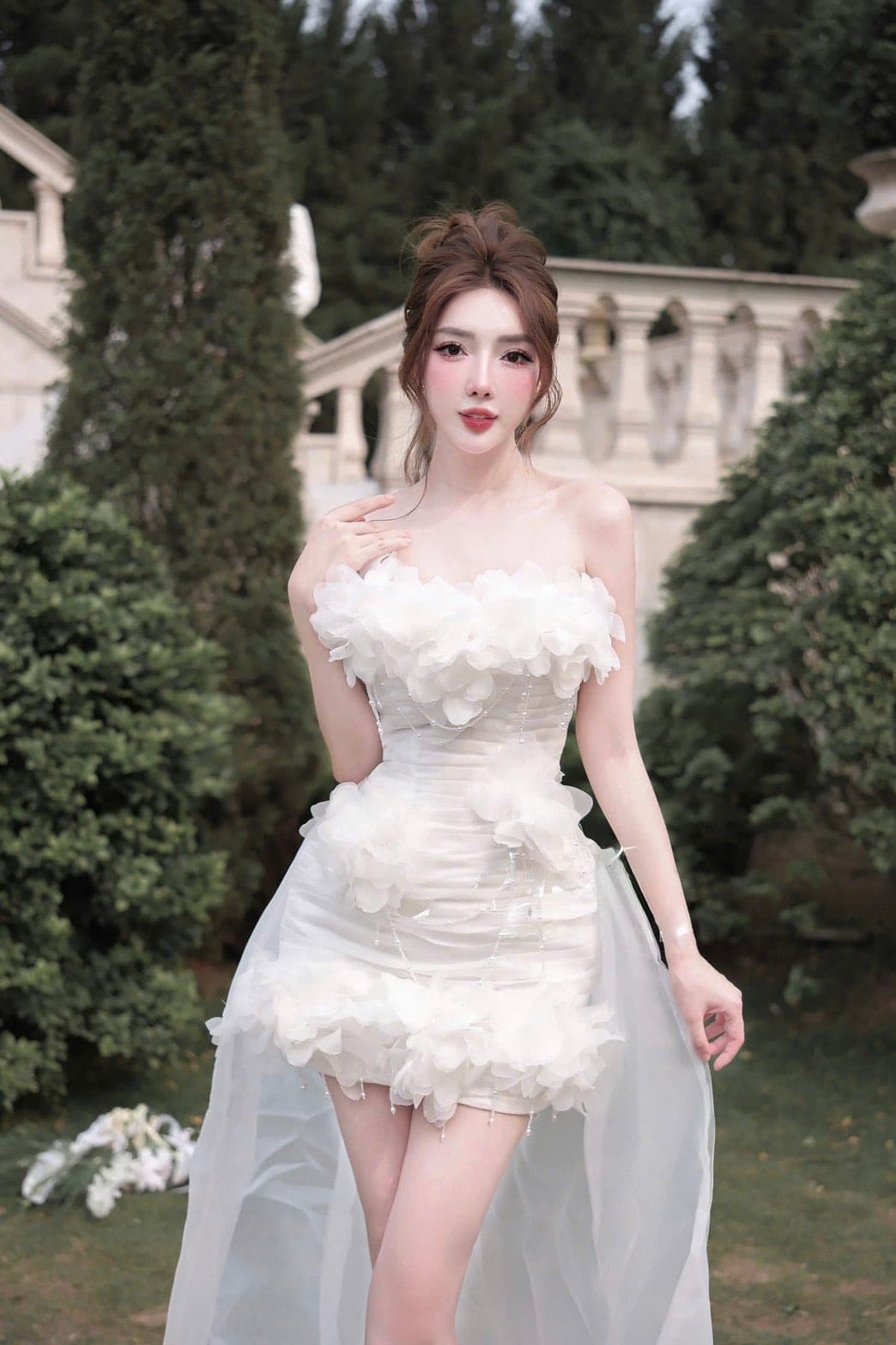 ชุดเดรส เกาะอก แต่งดอก สีขาว Brand HiSo 2181 Size S BKK รูปที่ 3