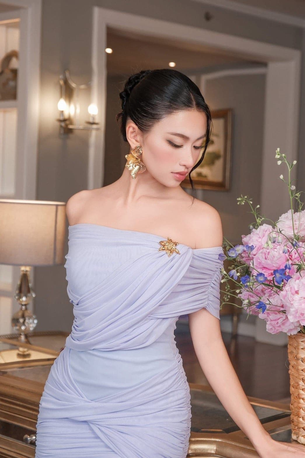 ชุดเดรส ปาดไหล่  สีม่วง BRAND OBIBI 2281 BKK SIZE M รูปที่ 5