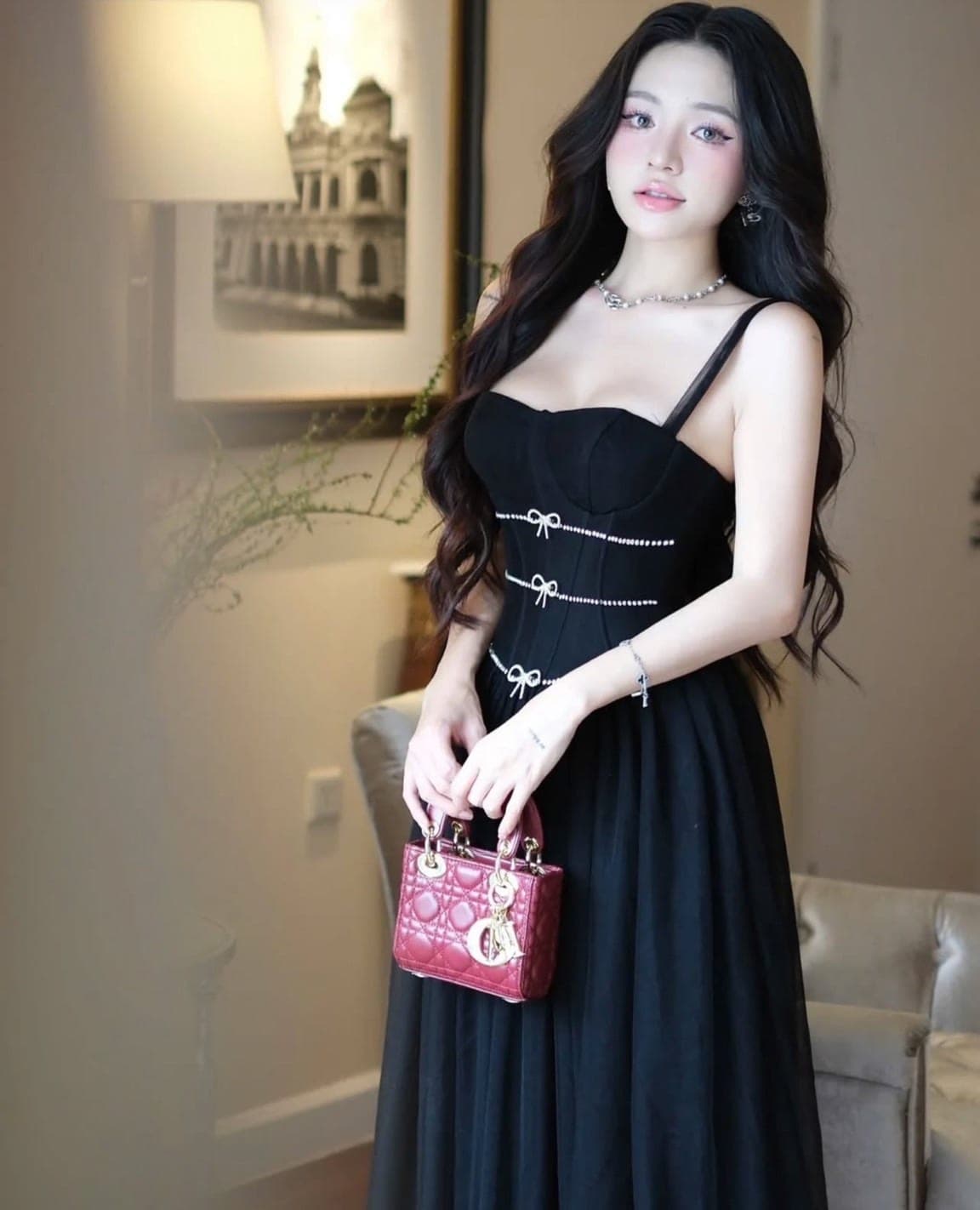 ชุดราตรี สายเดี่ยว แต่งเพชร สีดำ BRAND WABISABI 3160 Size S-M BKK รูปที่ 2
