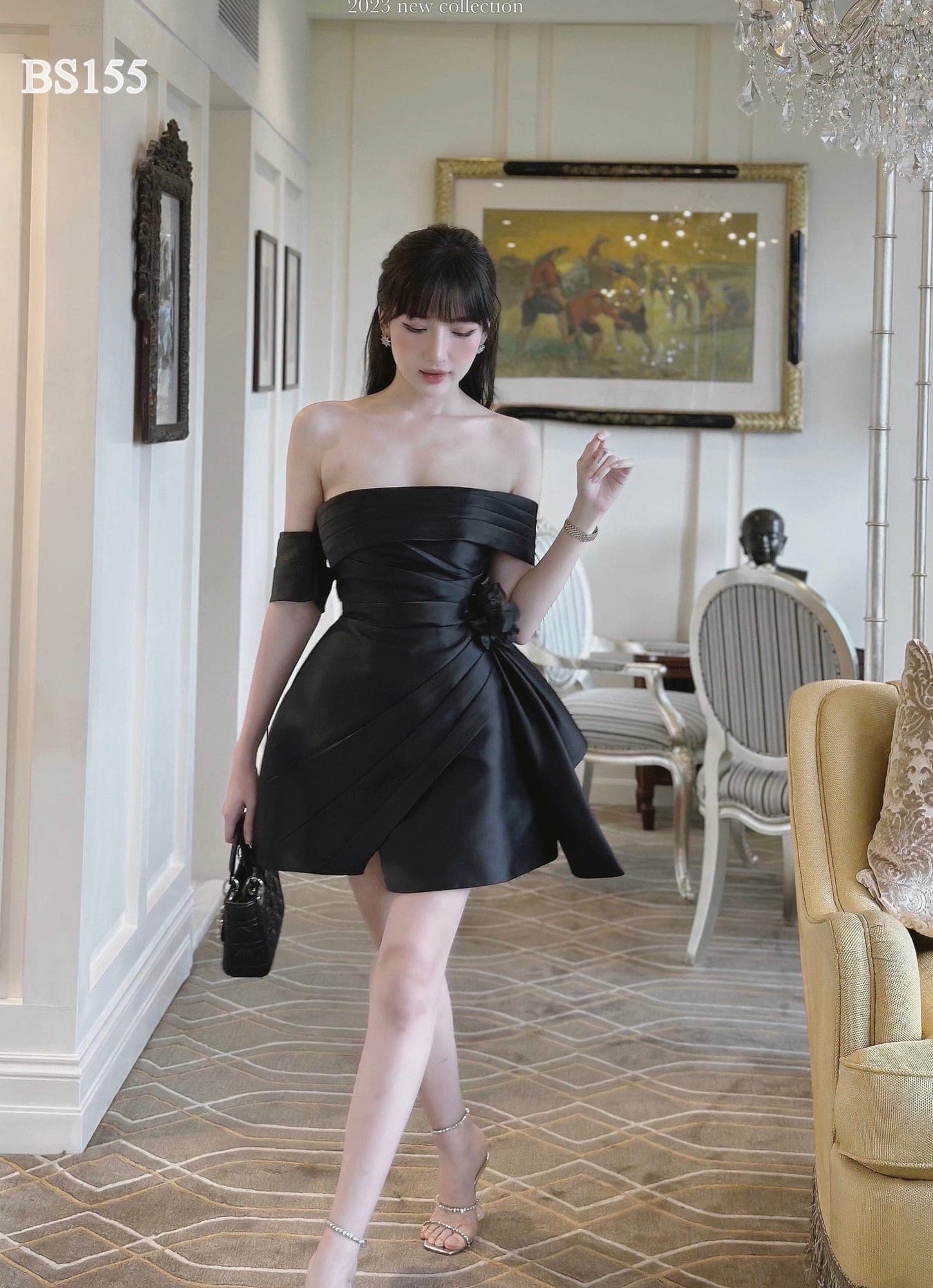 ชุดเดรส ปาดไหล่ แต่งดอก สีขาว สีดำ BASIC&LUXURY 2186 Size S BKK รูปที่ 1