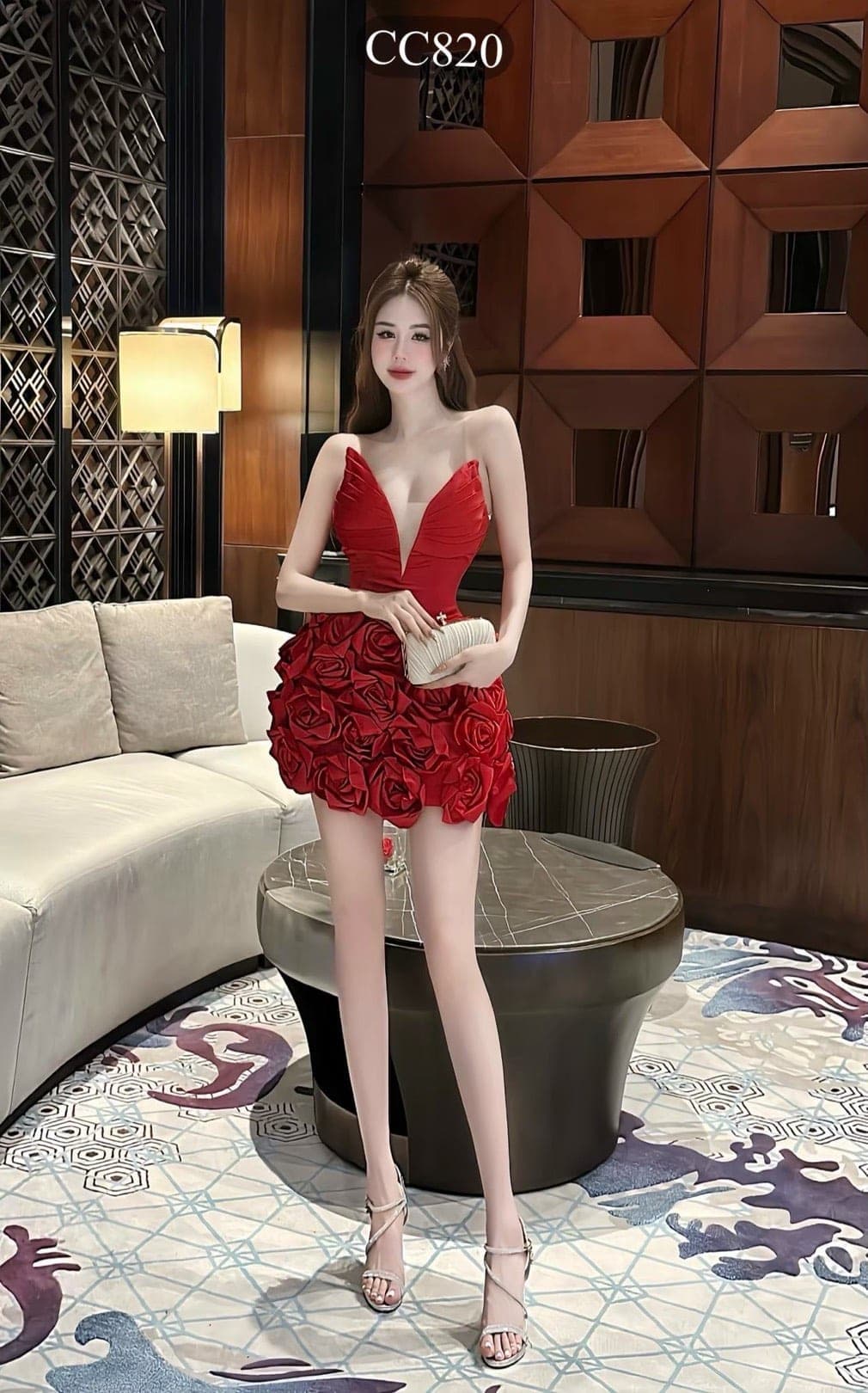 ชุดเดรส เกาะอก แต่งดอก สีแดง 2058 Size S BKK รูปที่ 3