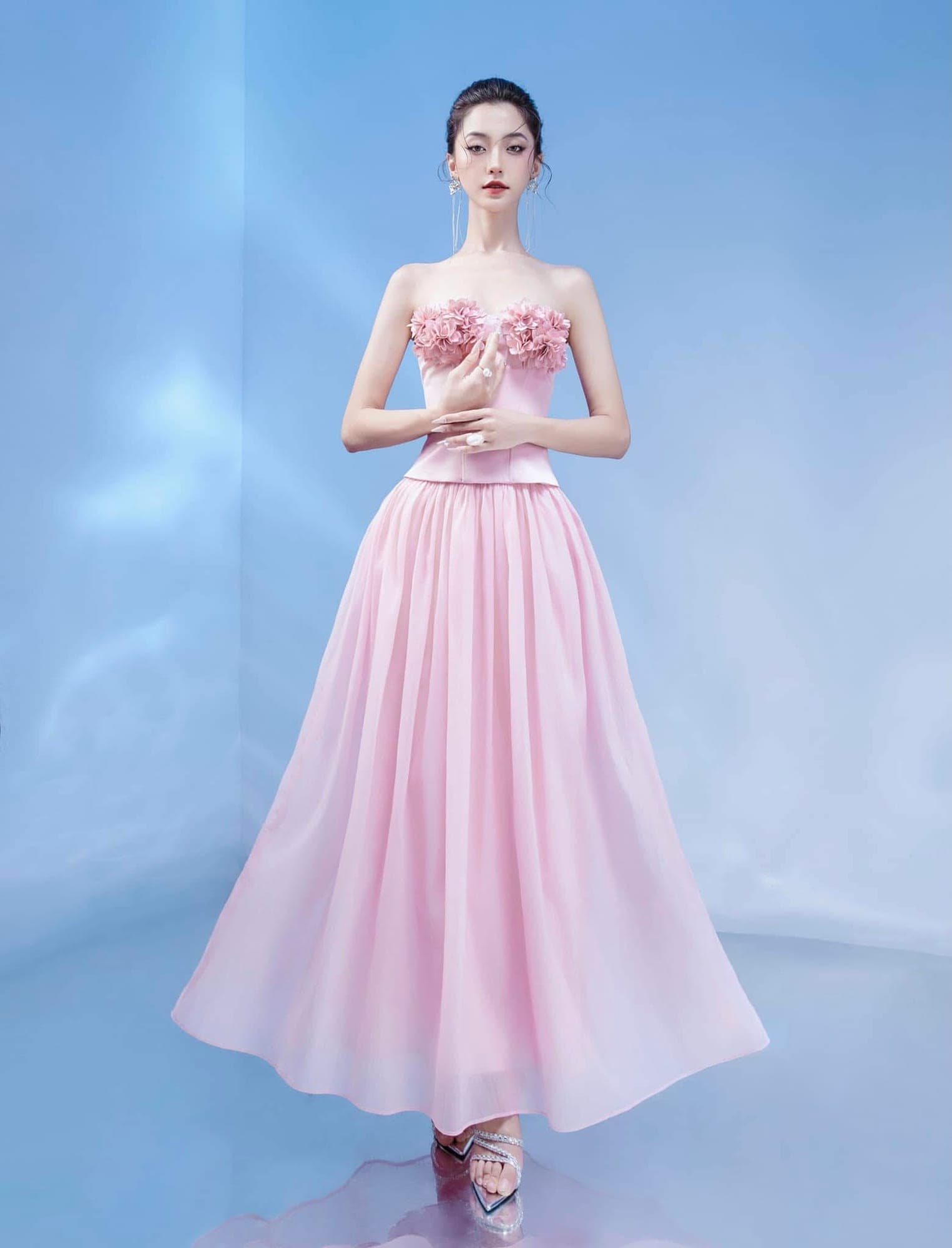 ชุดเซ็ท เกาะอก แต่งดอก BRAND TRANALI สีชมพู 4018 Size BKK รูปที่ 1