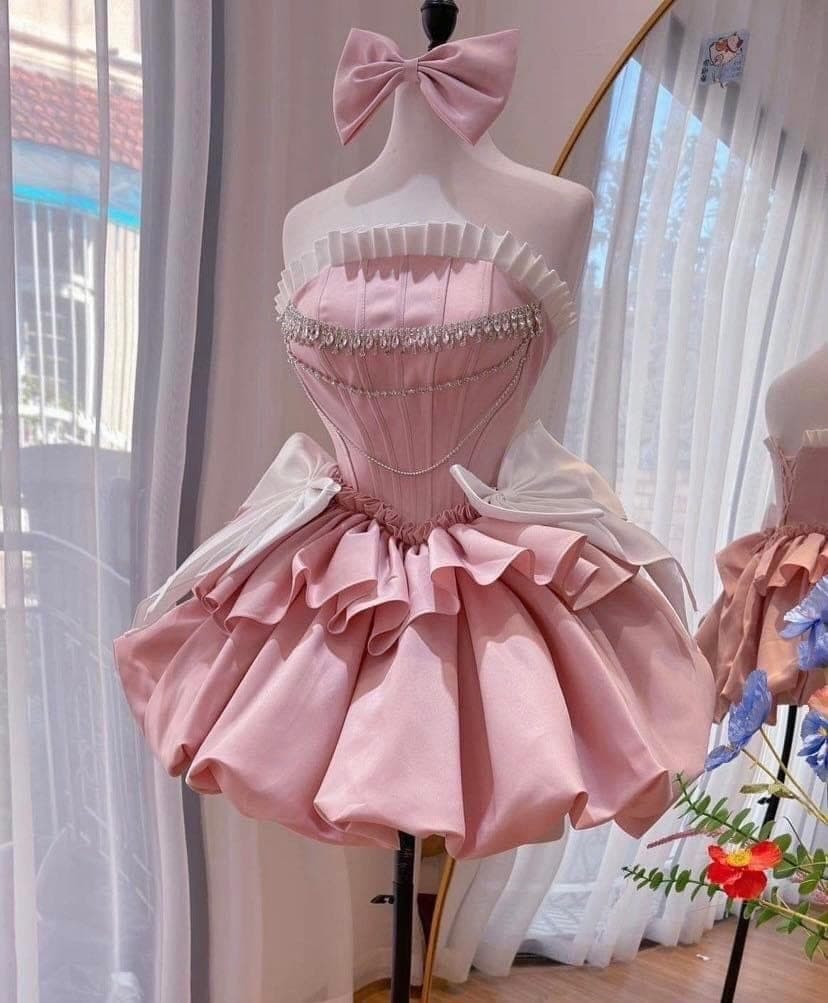ชุดเดรส เกาะอก แต่งโบว์+เพชร สีชมพู สีบานเย็น 2112 Size S BKK รูปที่ 1