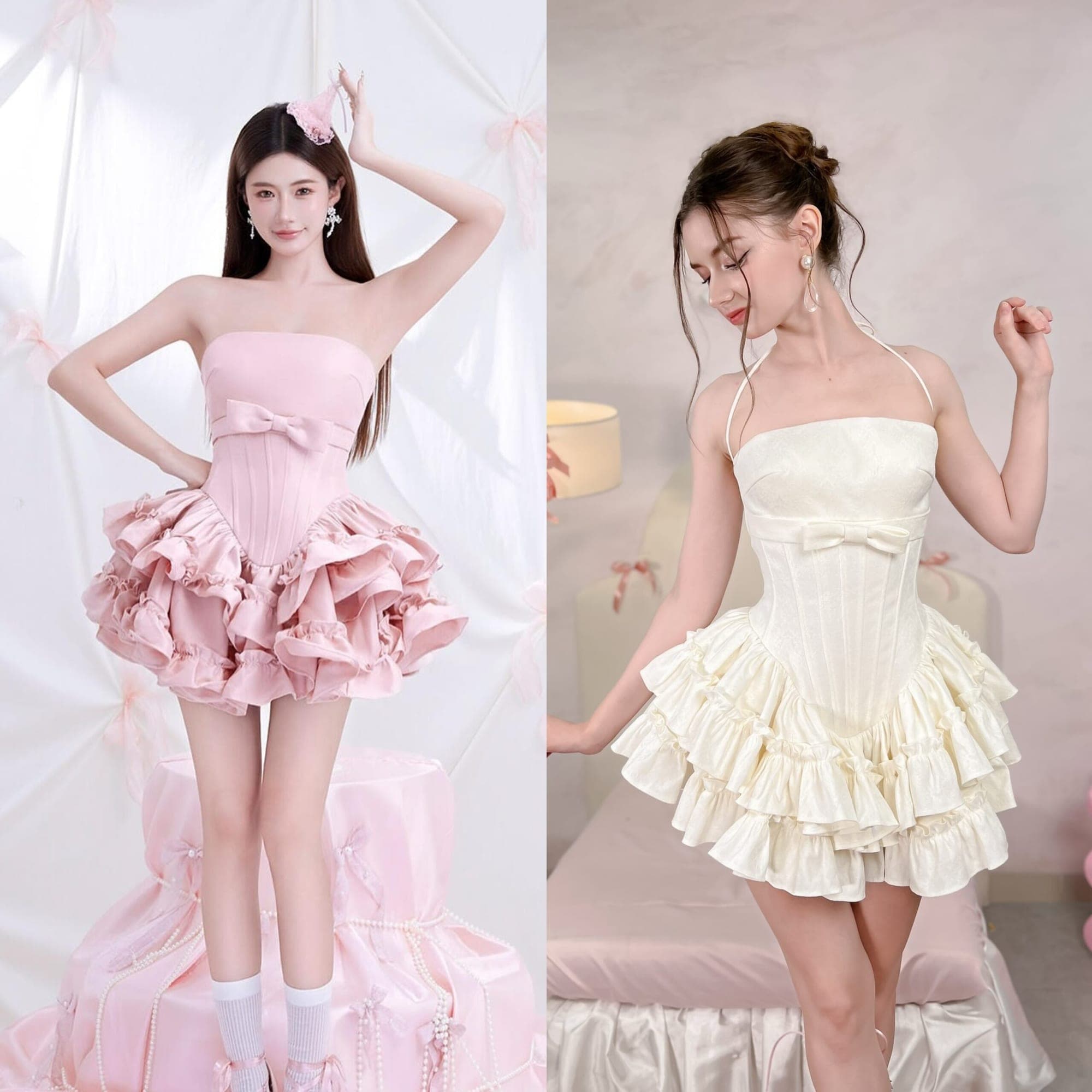 ชุดเดรส เกาะอก กระโปรงฟู แต่งโบว์ สีชมพู สีขาว Brand KATHY 2317 BKK Size M รูปที่ 1