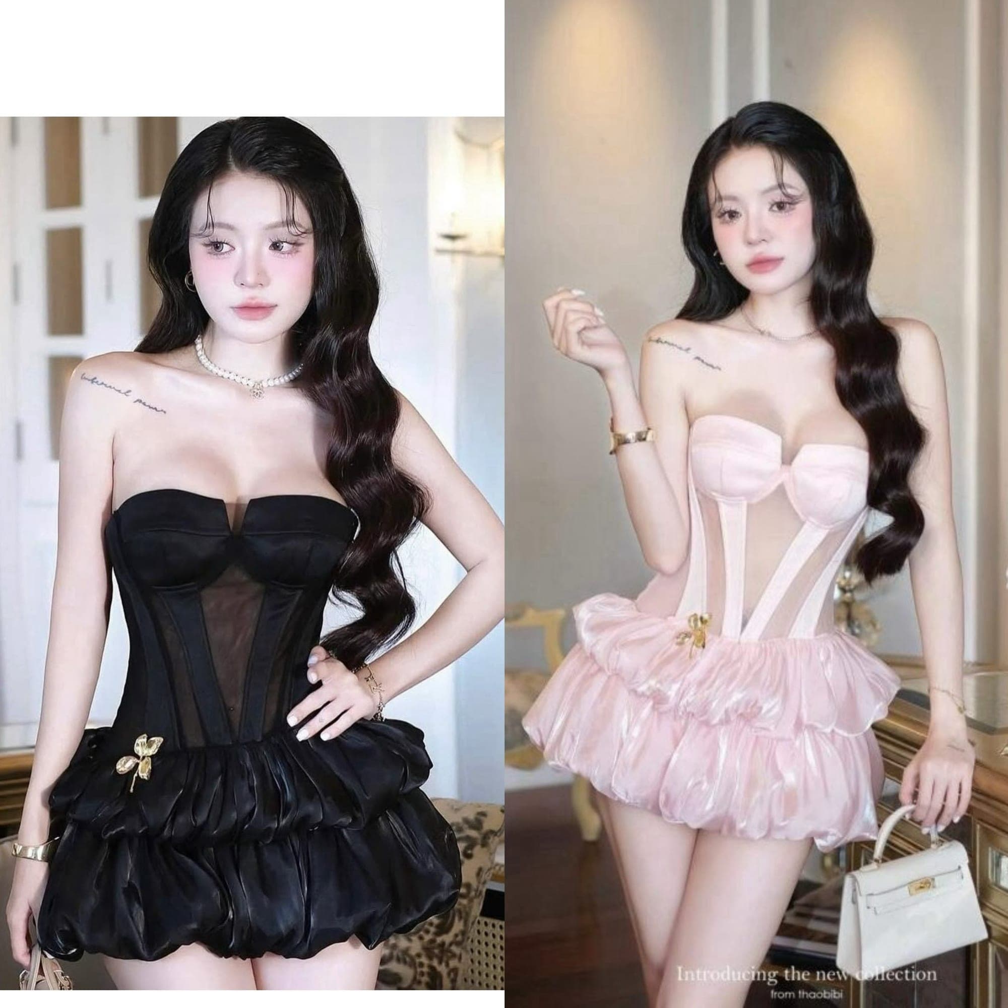 ชุดเดรส เกาะอก แต่งเพชร สีดำ สีชมพู  BRAND THAOBIBI 2214 Size M BKK รูปที่ 1