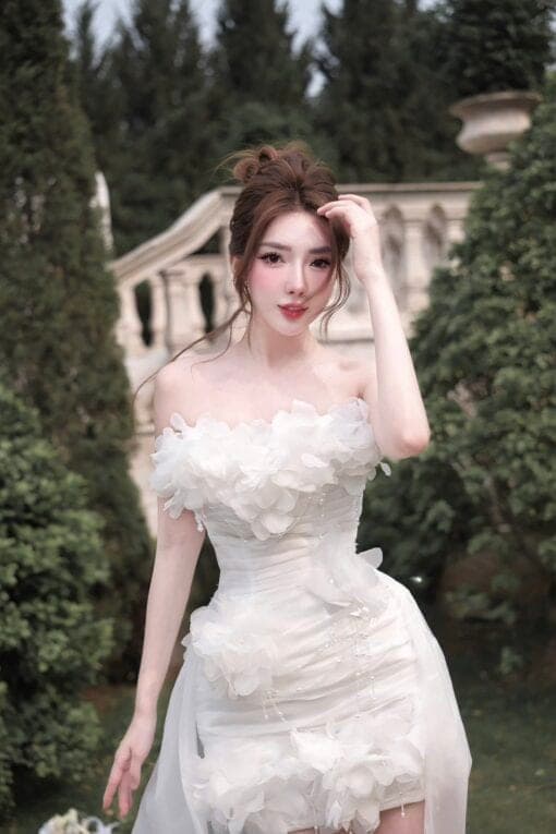 ชุดเดรส เกาะอก แต่งดอก สีขาว Brand HiSo 2181 Size S BKK รูปที่ 2