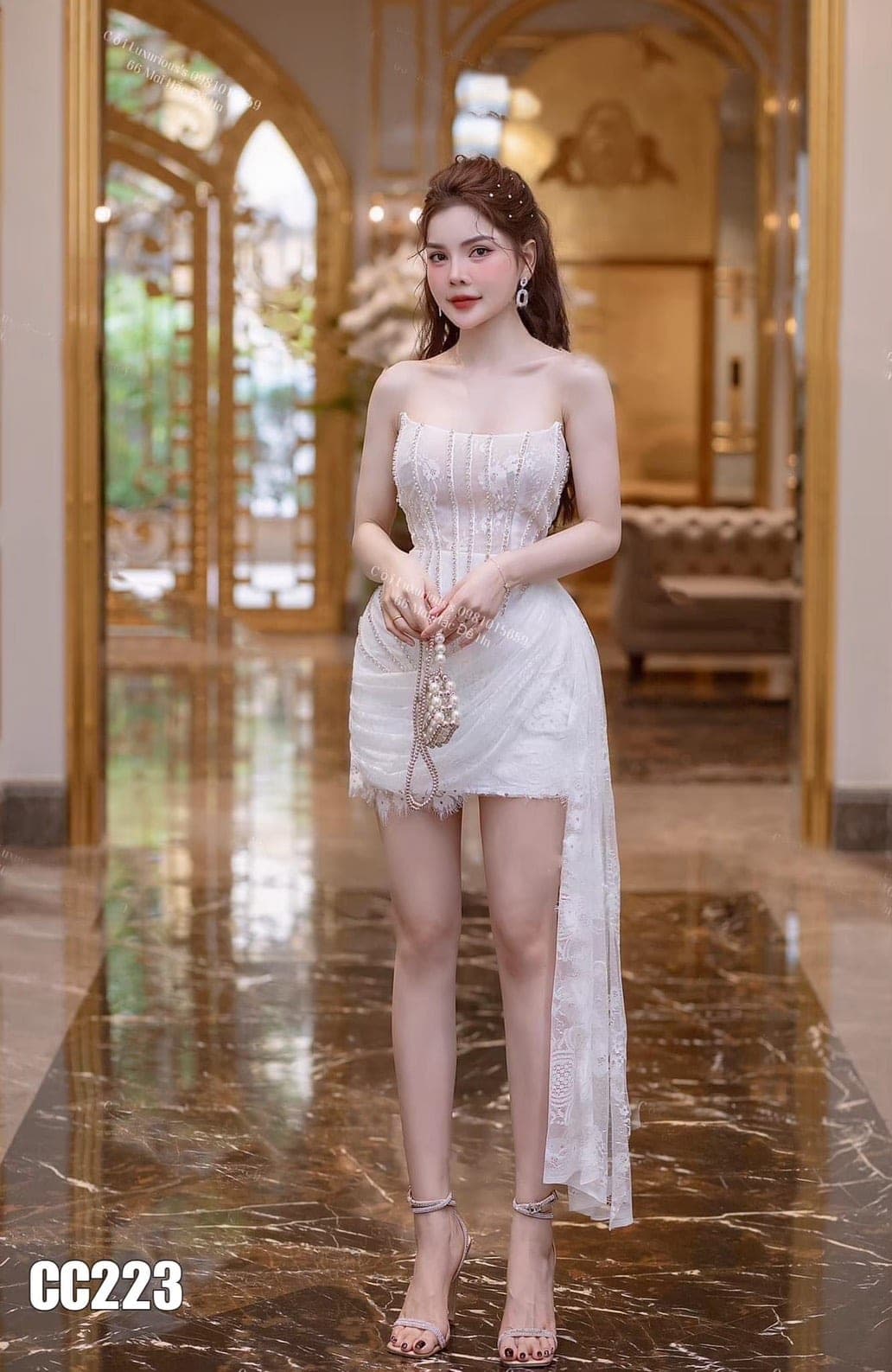ชุดเดรส เกาะอก แต่งเพชร สีขาว 2124 Size S BKK รูปที่ 4