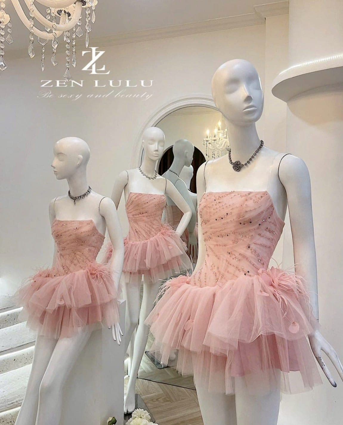 ชุดเดรส เกาะอก กระโปรงฟู แต่งขน สีดำ สีแดง สีชมพู  ZEN LULU เวียดนาม 2200 SIZE S-M BKK รูปที่ 2