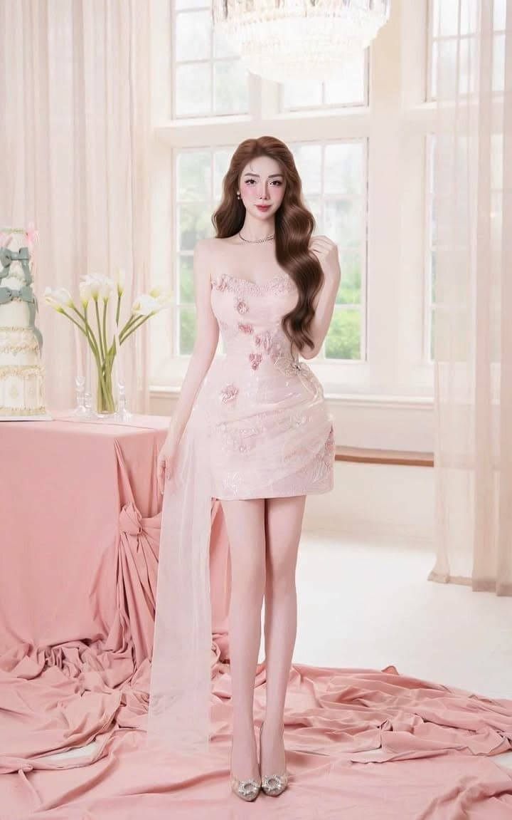 ชุดเดรส เกาะอก สีชมพู แต่งดอก+แต่งมุก  Brand HISO 2343 BKK SizeM รูปที่ 4
