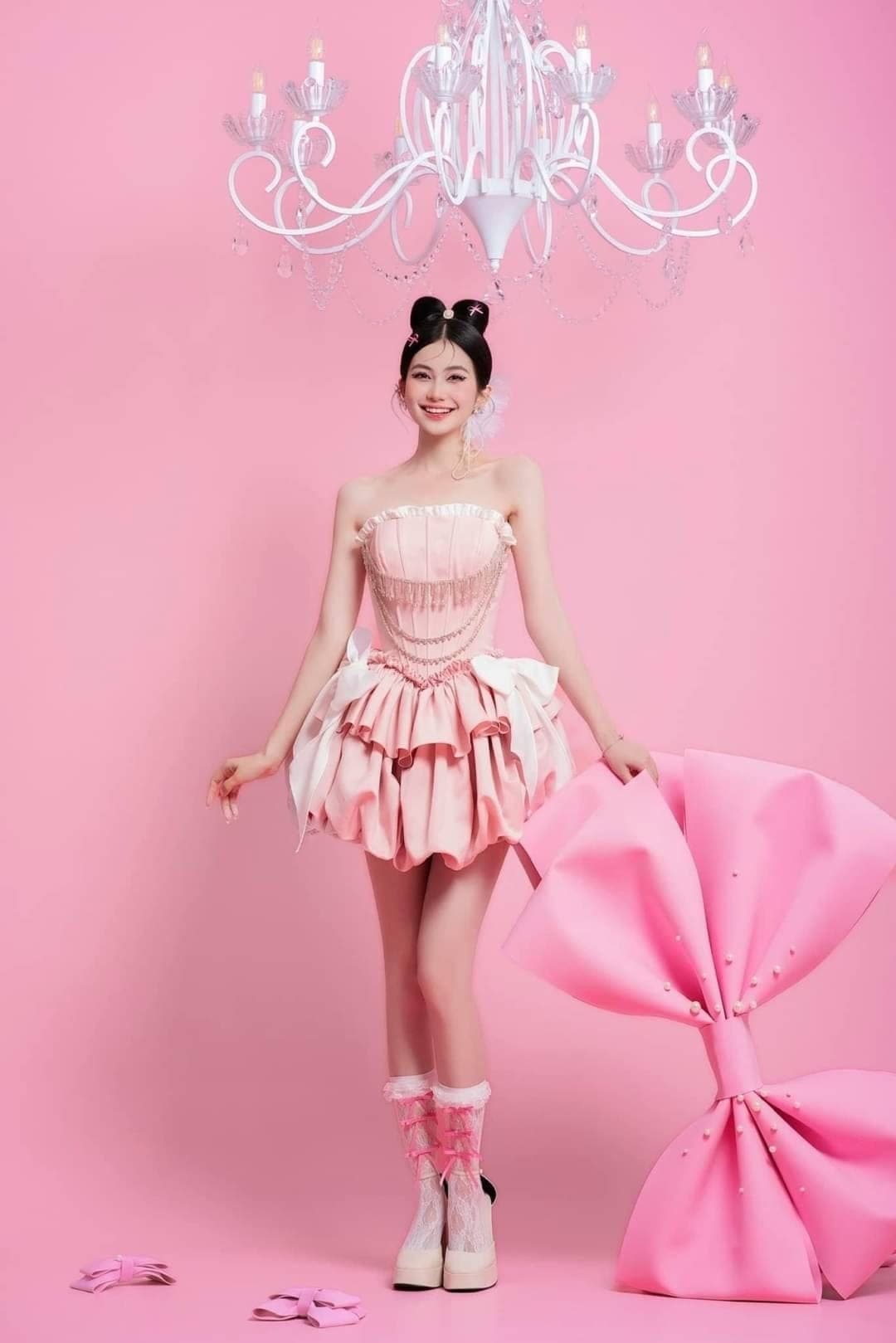 ชุดเดรส เกาะอก แต่งโบว์+เพชร สีชมพู สีบานเย็น 2112 Size S BKK รูปที่ 4
