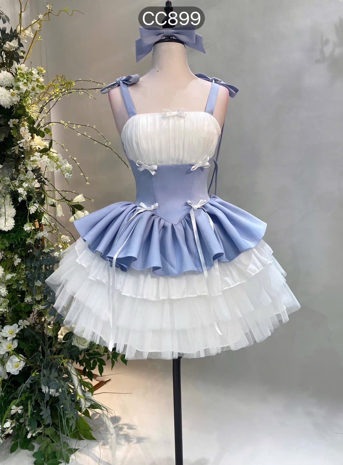 ชุดเดรส สายเดี๋ยว แต่งโบว์ สีฟ้า 2348 SIZE S-M รูปที่ 4