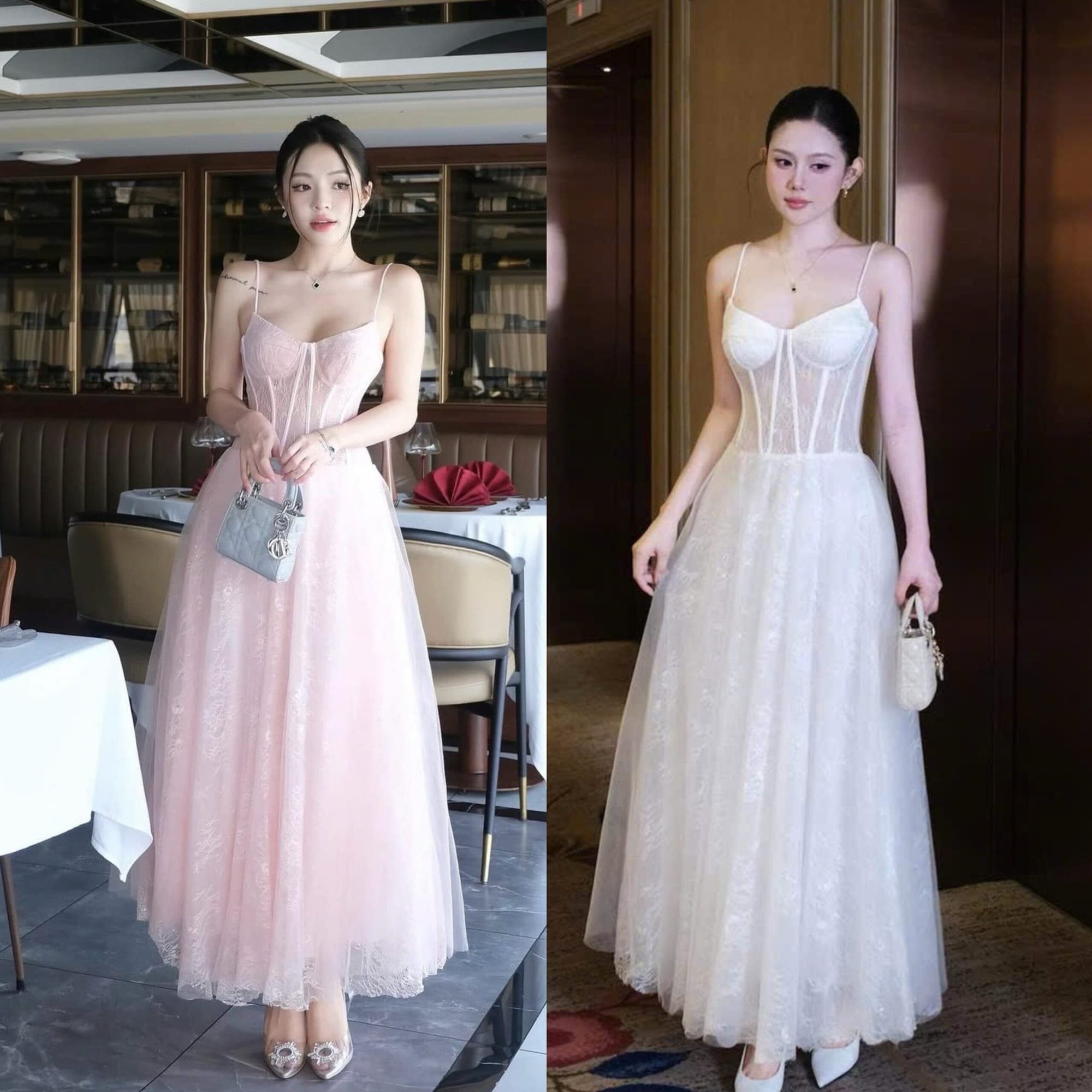 ชุดเดรส สายเดี่ยว แต่งลูกไม้ สีขาว สีชมพู BRAND OBIBI 2252 BKK