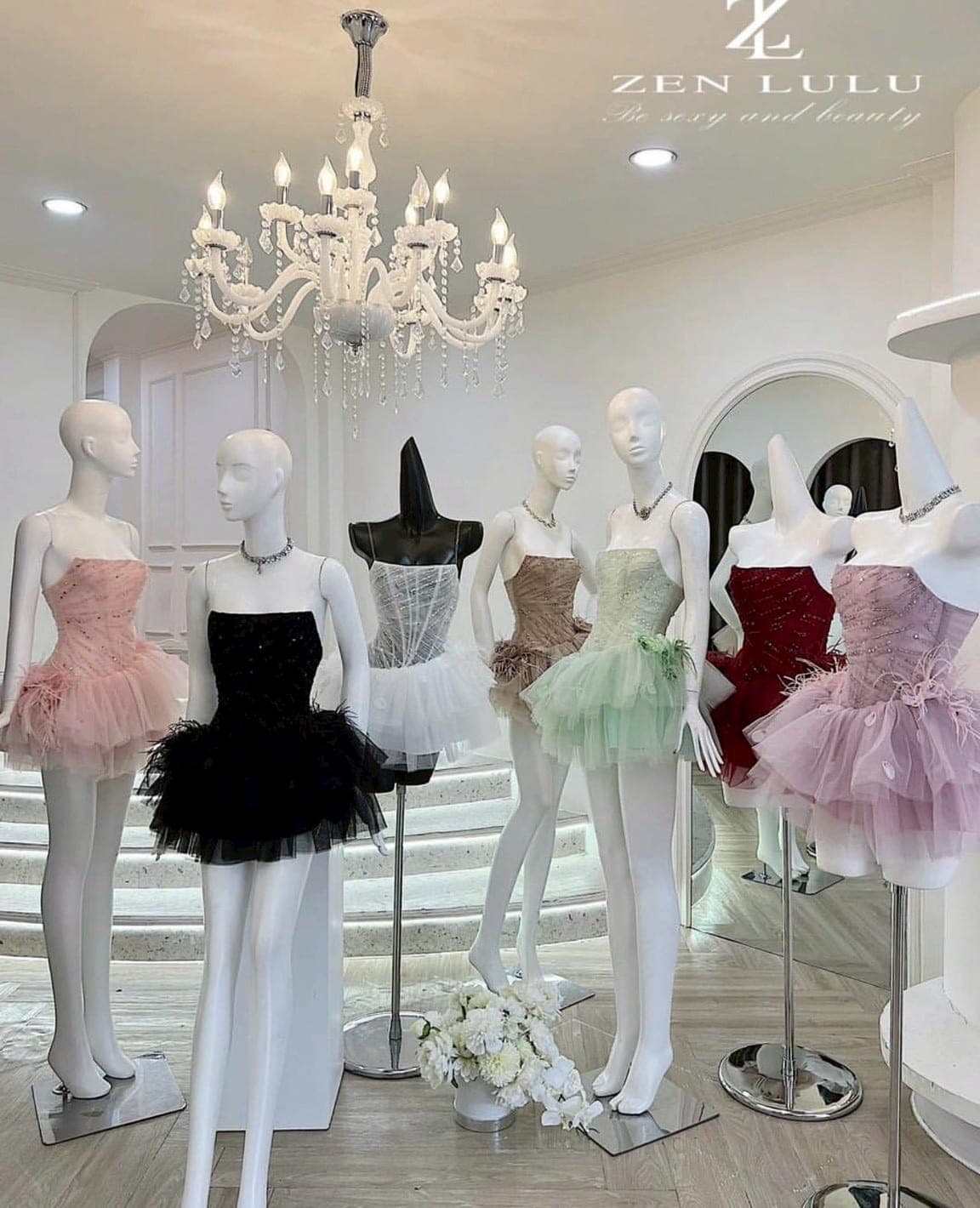 ชุดเดรส เกาะอก กระโปรงฟู แต่งขน สีดำ สีแดง สีชมพู  ZEN LULU เวียดนาม 2200 SIZE S-M BKK รูปที่ 5