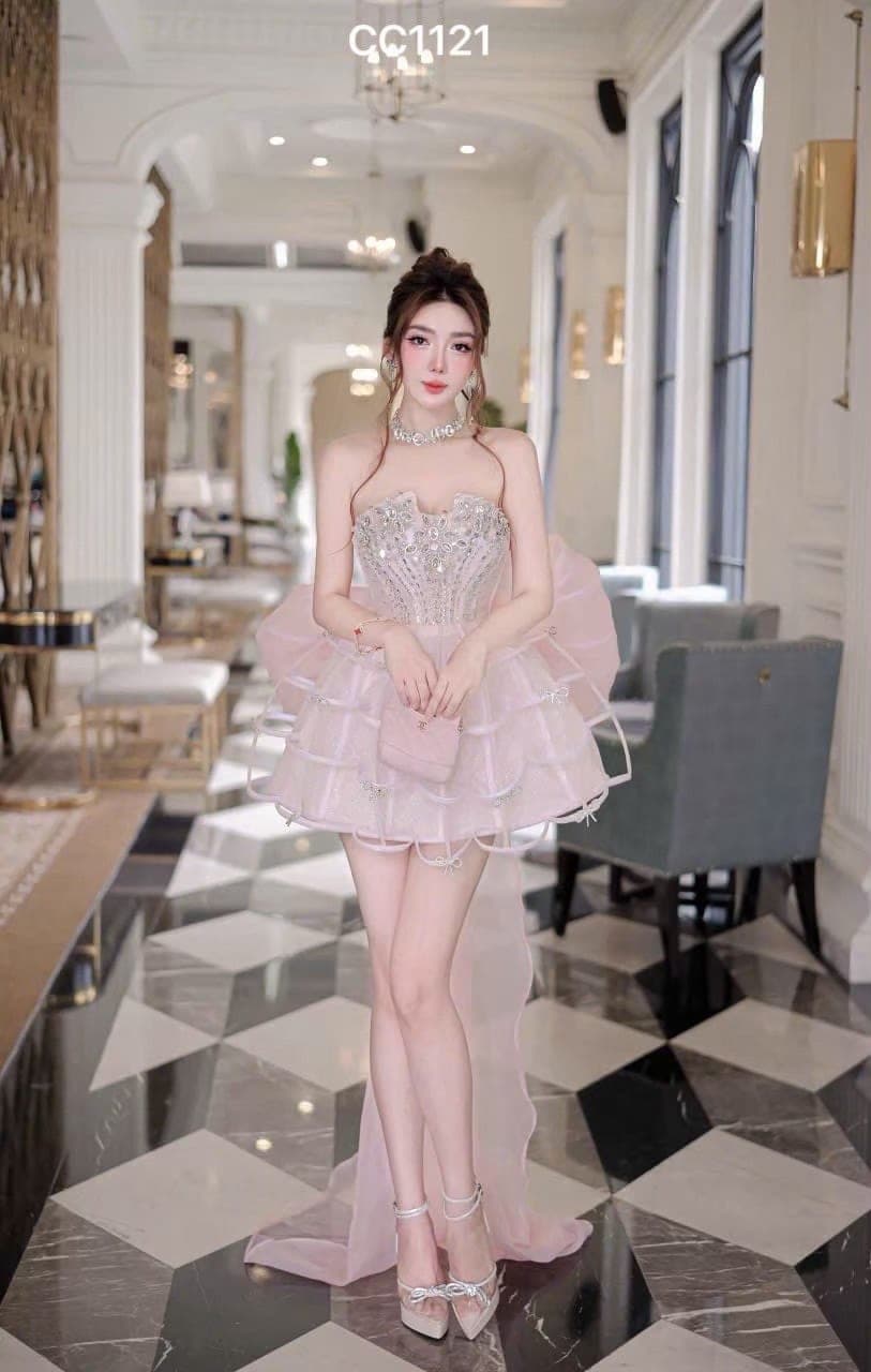 ชุดเดรส เกาะอก แต่งเพชร+โบว์ สีชมพู 2050 Size L BKK รูปที่ 3