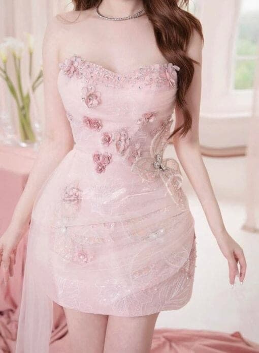 ชุดเดรส เกาะอก สีชมพู แต่งดอก+แต่งมุก  Brand HISO 2343 BKK SizeM รูปที่ 3