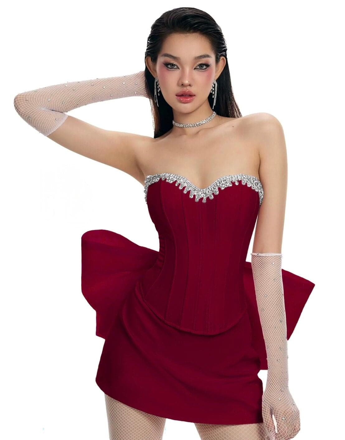 ชุดเซ็ท 3ชิ้น แต่งโบว์ แต่งเพชร สีแดง 4014 Size M BKK รูปที่ 5