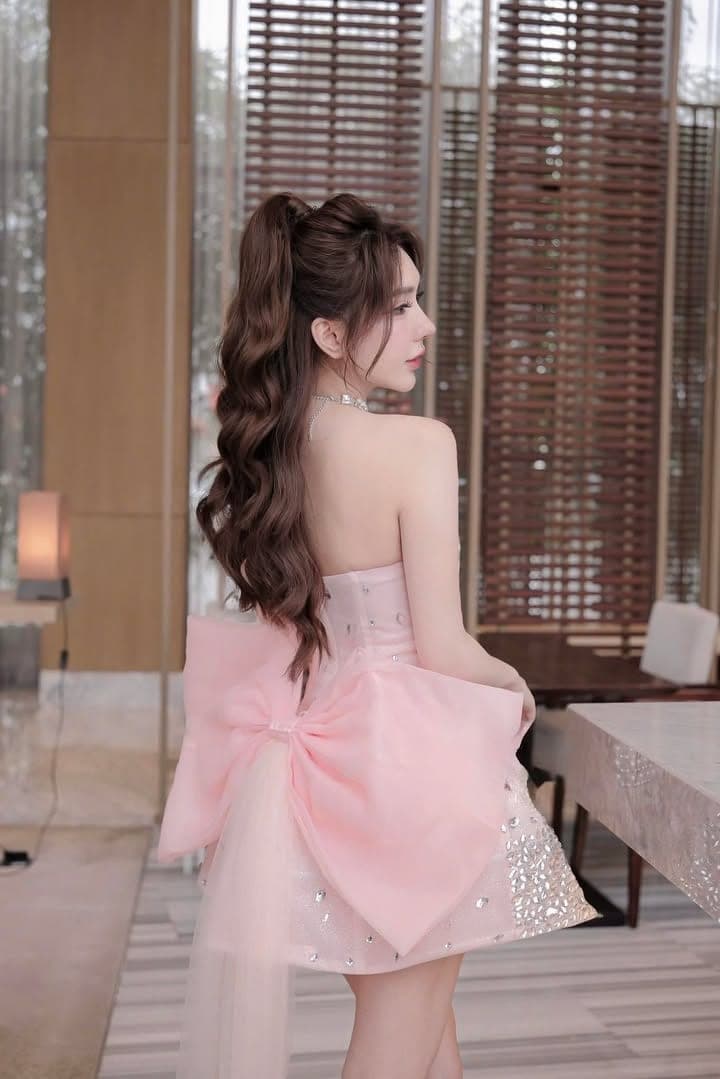 ชุดเดรส เกาะอก แต่งเพชรกลิตเตอร์+โบว์ สีชมพู 2034 Size S BKK รูปที่ 7