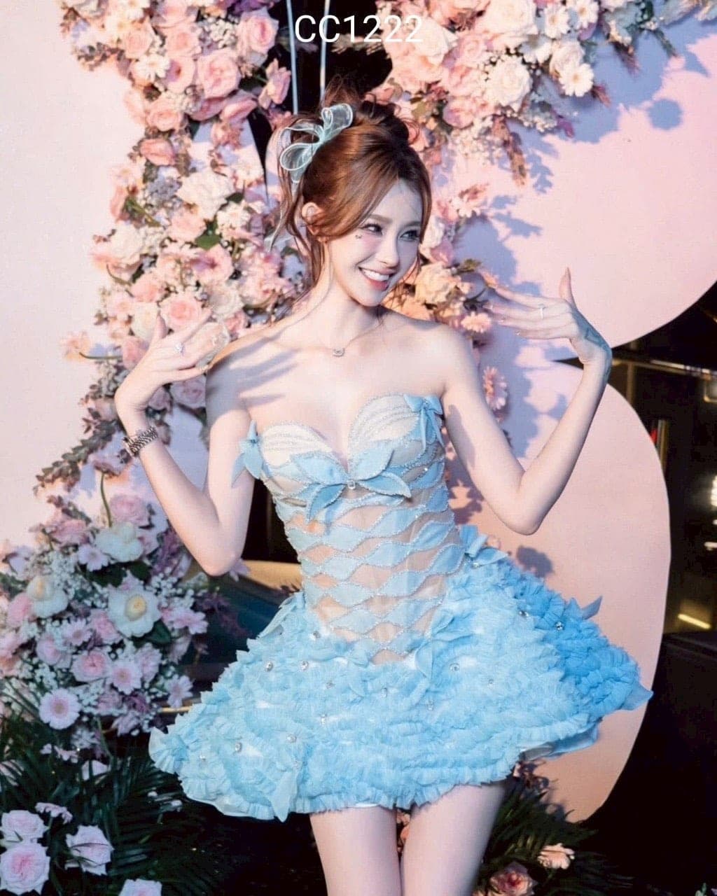 ชุดเดรส เกาะอก แต่งโบว์ สีฟ้า 2045 Size M BKK รูปที่ 4