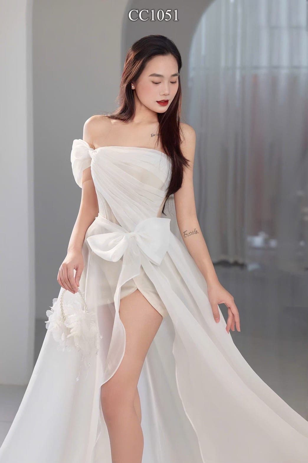 ชุดเดรส-ราตรี แต่งงาน แต่งโบว์ สีขาว Brand HiSo 3047 Size S-M BKK รูปที่ 4