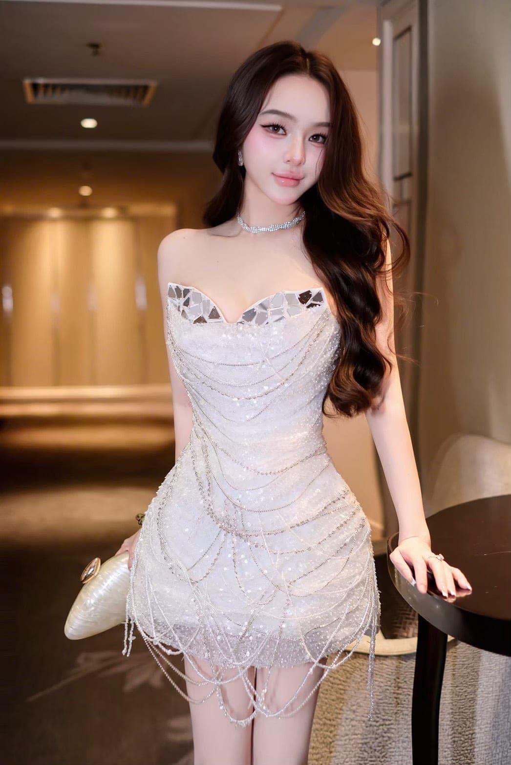 ชุดเดรส เกาะอกกระโปรงฟู แต่งโบว์ สีขาว Brand HISO 2336 BKK Size S-M รูปที่ 4