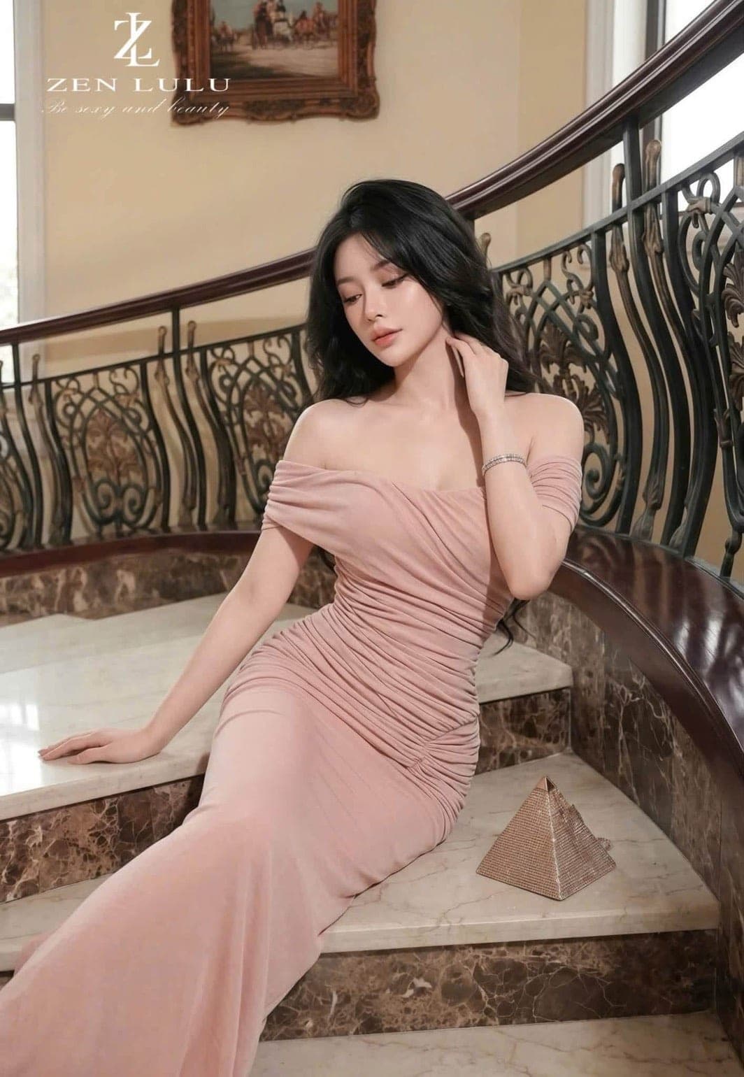 ชุดเดรสยาว ราตรี ปาดไหล่ สีชมพู , สีฟ้า BRAND ZEN LULU 2302 BKK SIZE S-M รูปที่ 7
