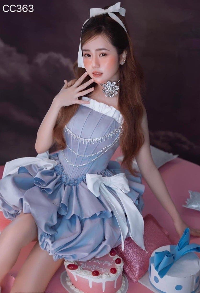 ชุดเดรส เกาะอก แต่งโบว์+เพชร สีฟ้า 2114 Size S BKK