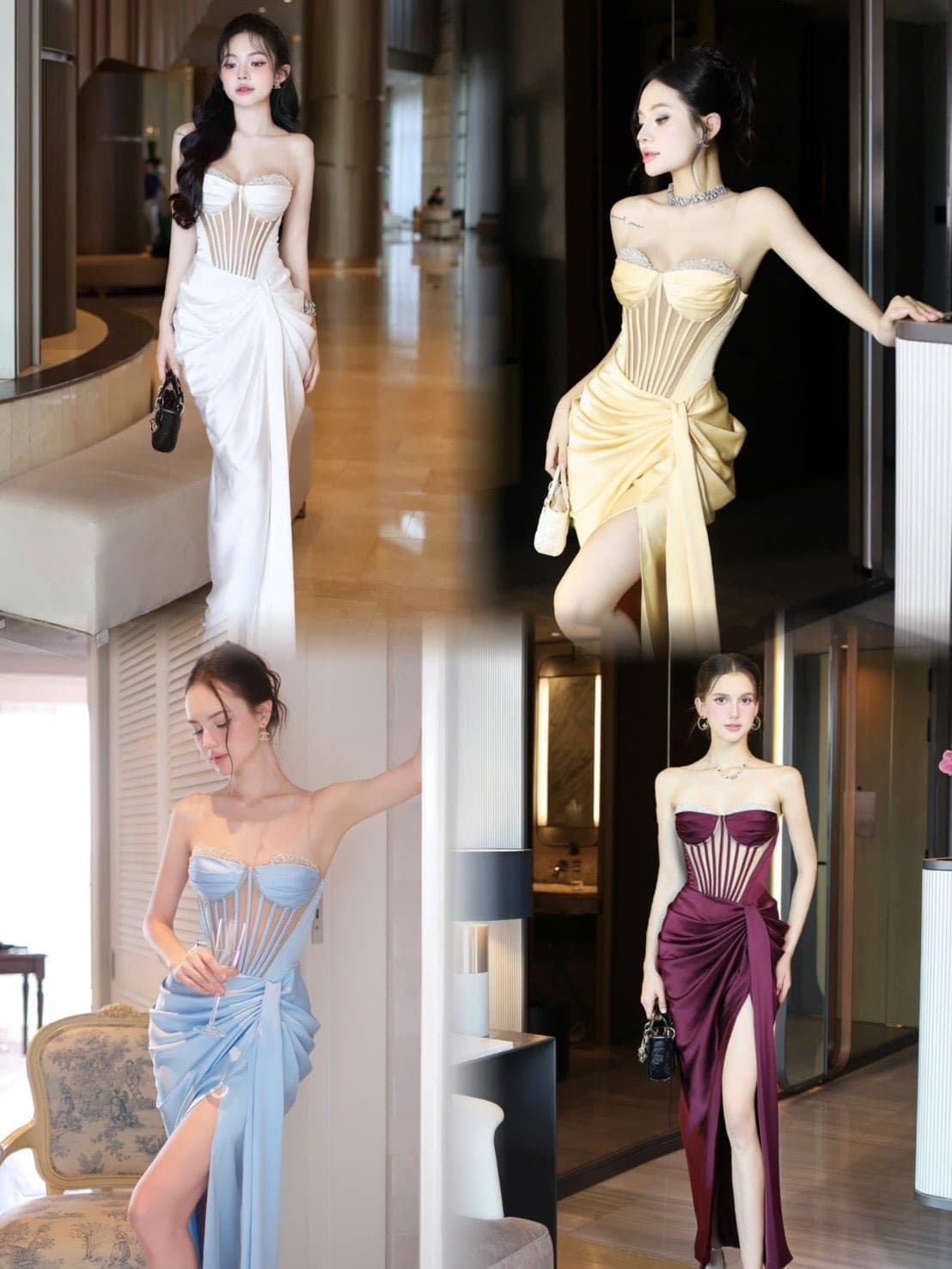ชุดเดรส ราตรียาว เกาะอก เพรช สีขาว สีทอง สีฟ้า สีแดงไวน์ BRAND OBIBI 3084 Size S-M BKK